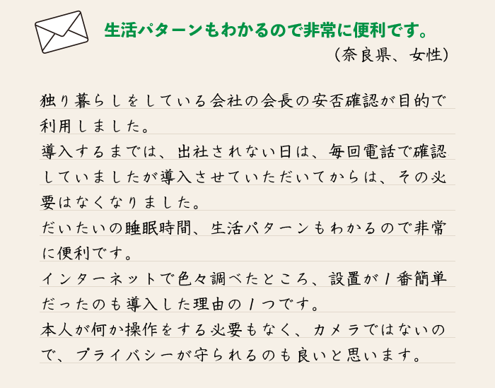 独り暮らしをしている会社の会長の安否確認が目的で利用しました。導入するまでは、出社されない日は、毎回電話で確認していましたが導入させていただいてからは、その必要はなくなりました。だいたいの睡眠時間、生活パターンもわかるので非常に便利です。インターネットで色々調べたところ、設置が１番簡単だったのも導入した理由の１つです。本人が何か操作をする必要もなく、カメラではないので、プライバシーが守られるのも良いと思います